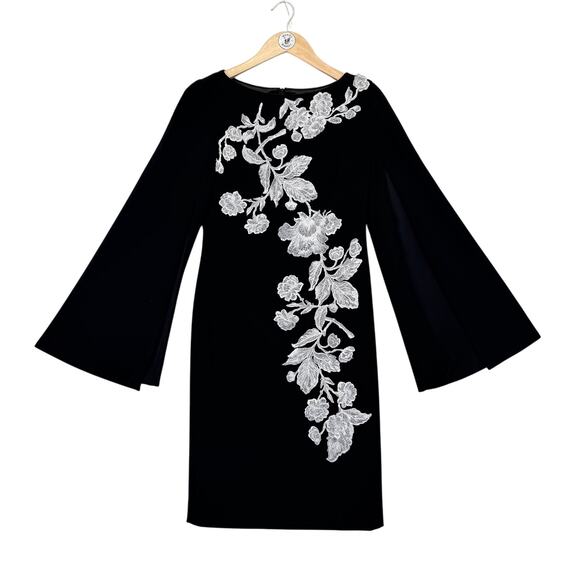 Theia Black Cape Sleeve Sheath Dress Women’s 4 Floral Appliqué Cocktail Evening - Picture 6 of 11